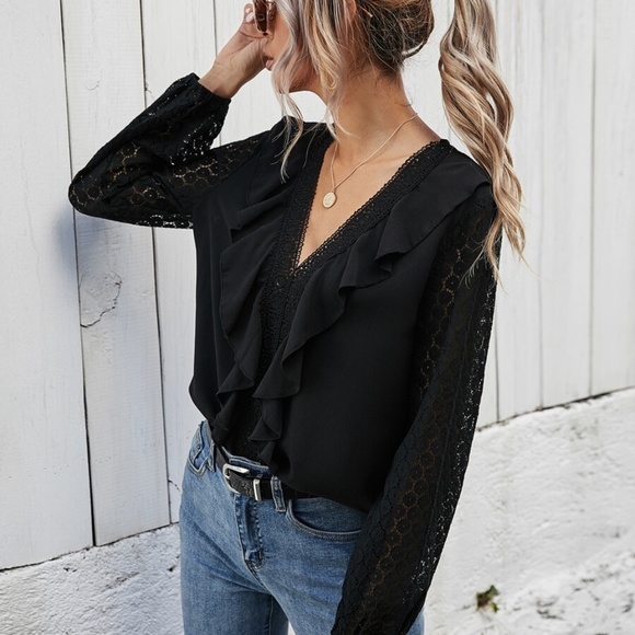 BLack lace ruffle detail v neck long sleeve top - Picture 6 of 6
